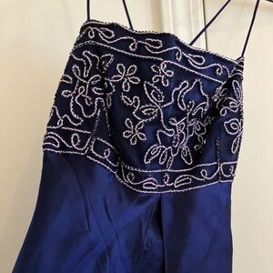 beaded navy prom dress